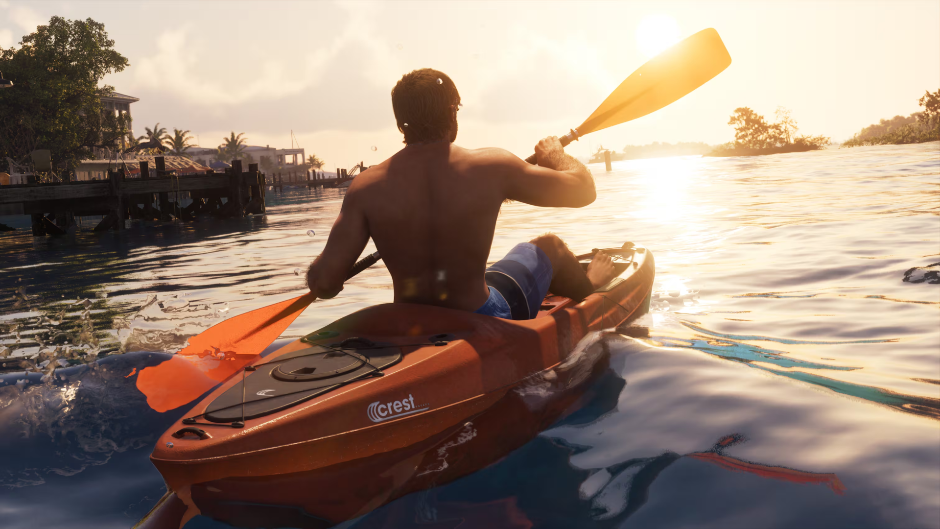 Jason en kayak Crest au coucher du soleil