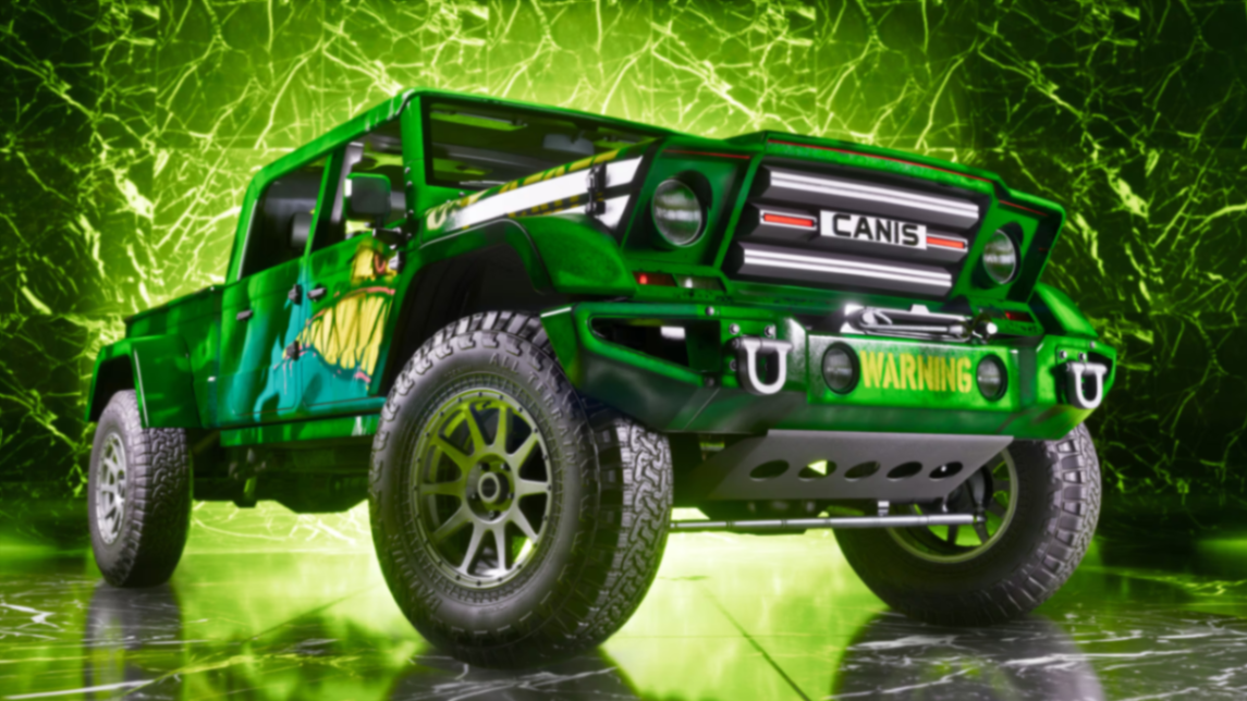 Pick-up vert Canis sur fond néon vert