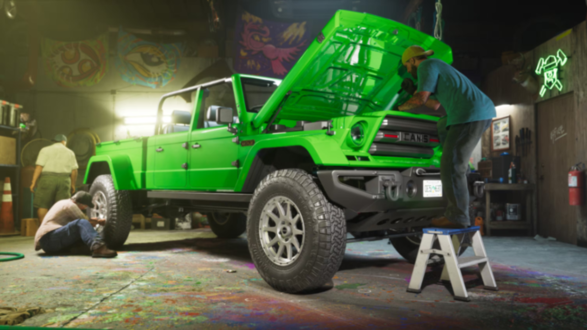 Pick-up vert dans l'atelier One-Eyed Willie
